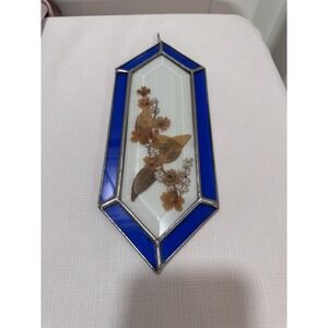 Vtg Blue Stained Glass Window Catcher  Dried Pressed Flowers Octagon 11 x 4"